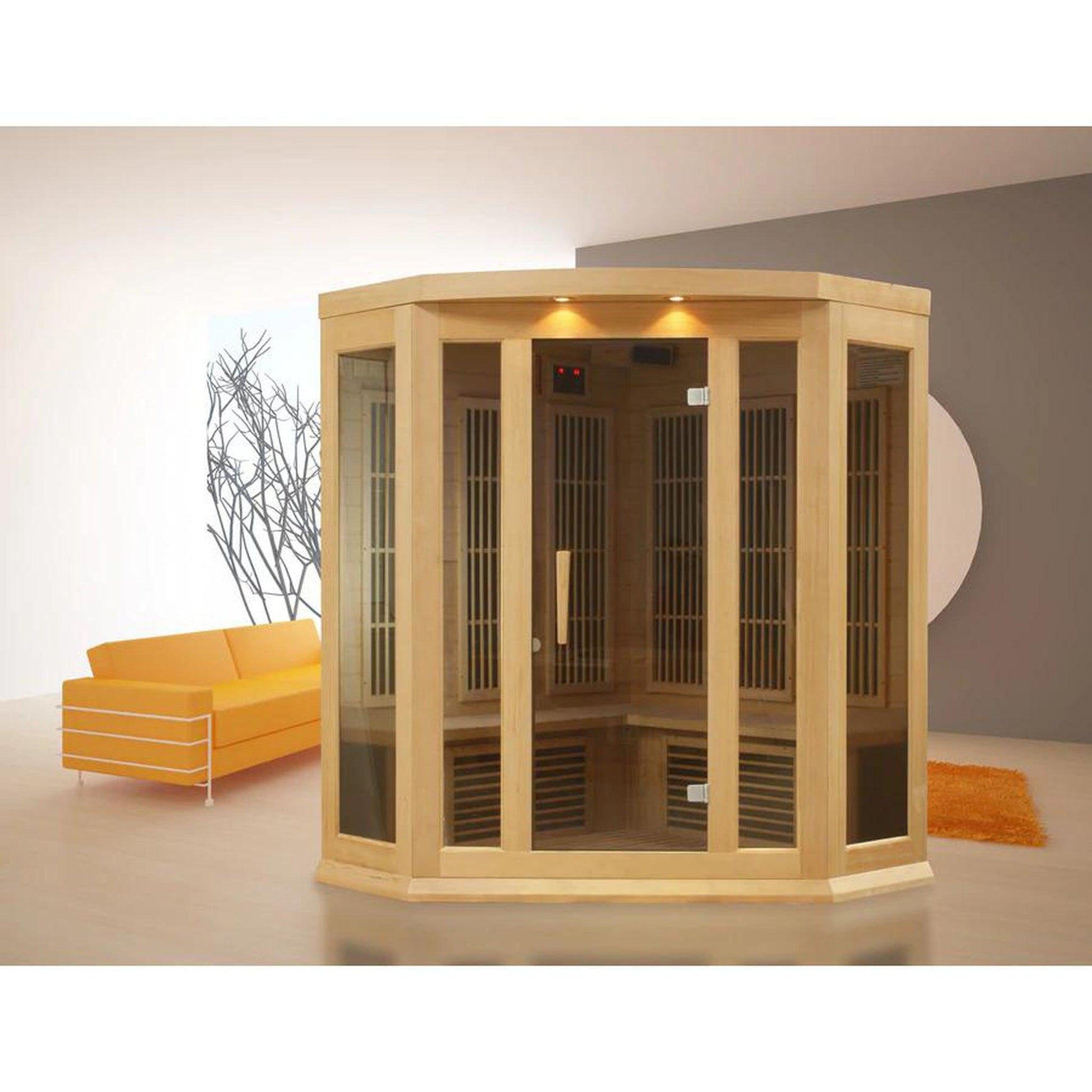 Golden Designs Maxxus 3-Person Corner Low EMF FAR Infrared Carbon Sauna in Canadian Hemlock