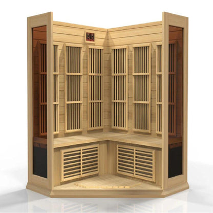 Golden Designs Maxxus 3-Person Corner Low EMF FAR Infrared Carbon Sauna in Canadian Hemlock