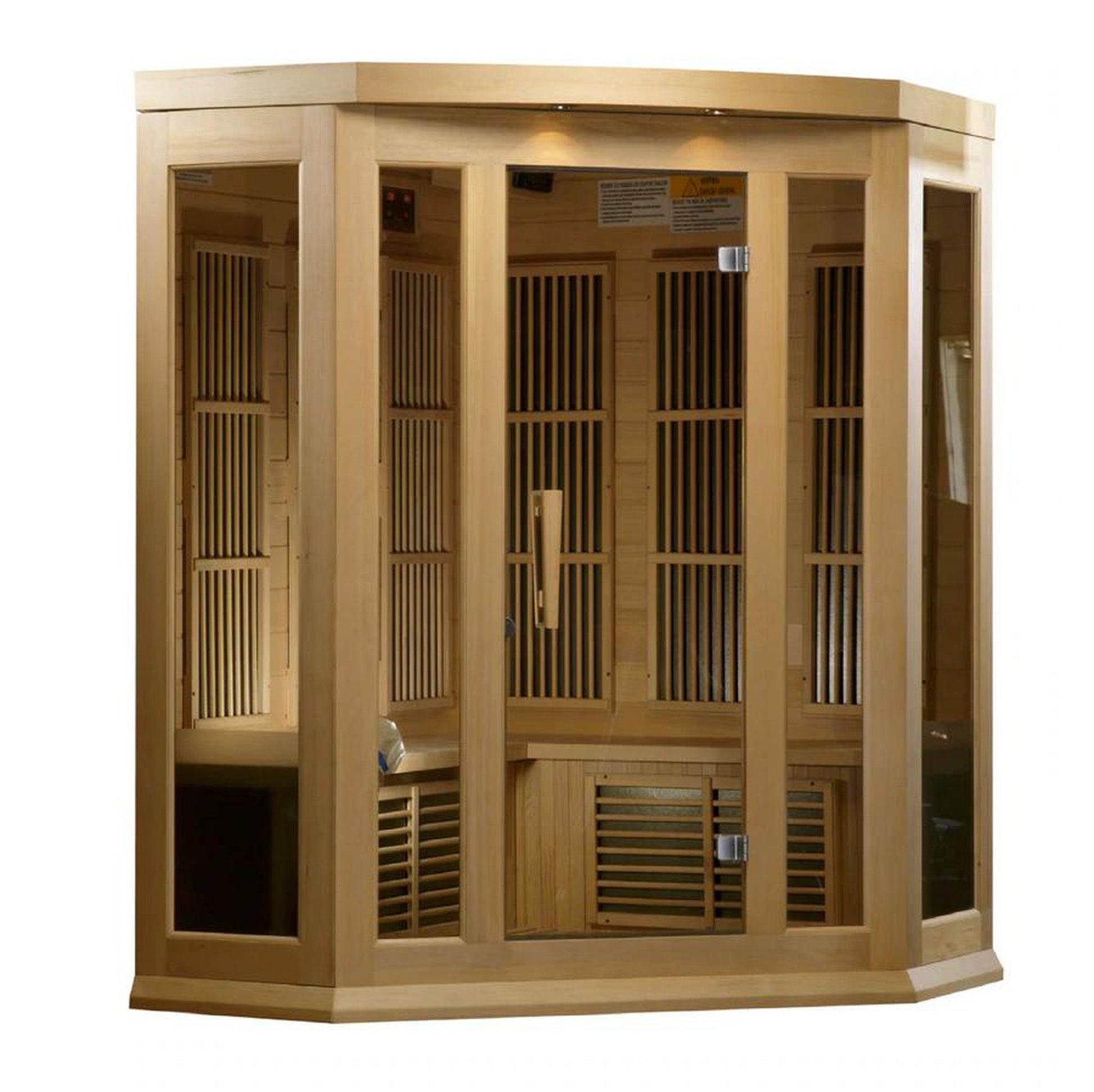 Golden Designs Maxxus 3-Person Corner Low EMF FAR Infrared Carbon Sauna in Canadian Hemlock