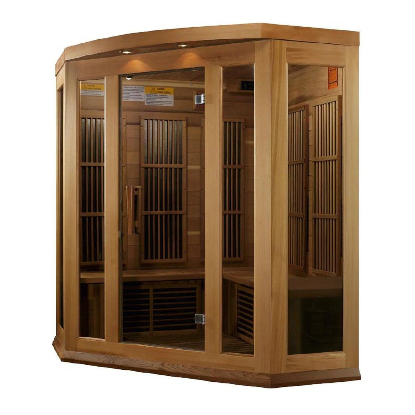 Golden Designs Maxxus 3-Person Corner Low EMF FAR Infrared Carbon Sauna in Canadian Red Cedar