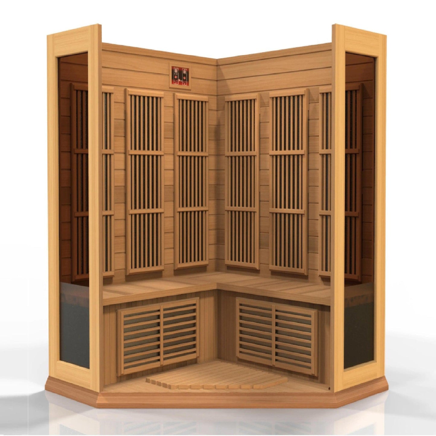 Golden Designs Maxxus 3-Person Corner Low EMF FAR Infrared Carbon Sauna in Canadian Red Cedar