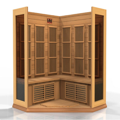 Golden Designs Maxxus 3-Person Corner Low EMF FAR Infrared Carbon Sauna in Canadian Red Cedar