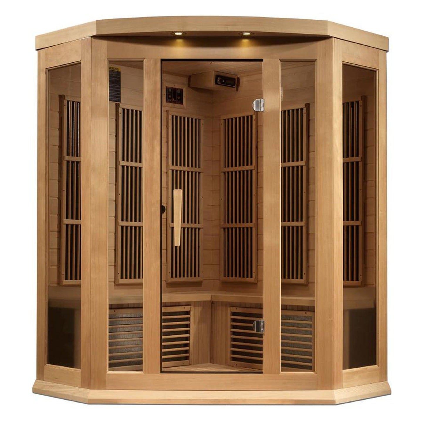 Golden Designs Maxxus 3-Person Corner Near Zero EMF FAR Infrared Carbon Sauna in Canadian Hemlock