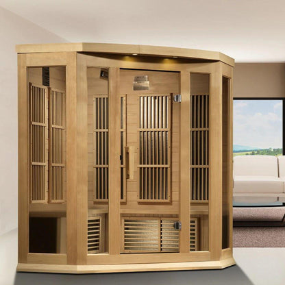Golden Designs Maxxus 3-Person Corner Near Zero EMF FAR Infrared Carbon Sauna in Canadian Hemlock