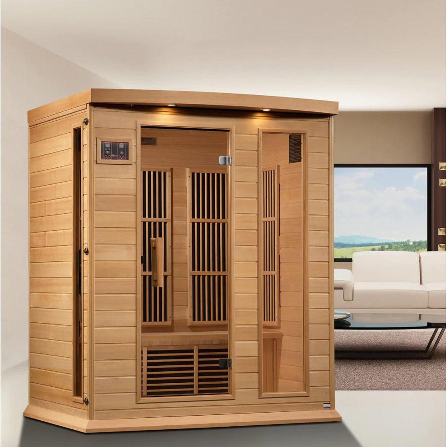 Golden Designs Maxxus 3-Person Near Zero EMF FAR Infrared Carbon Sauna in Canadian Hemlock