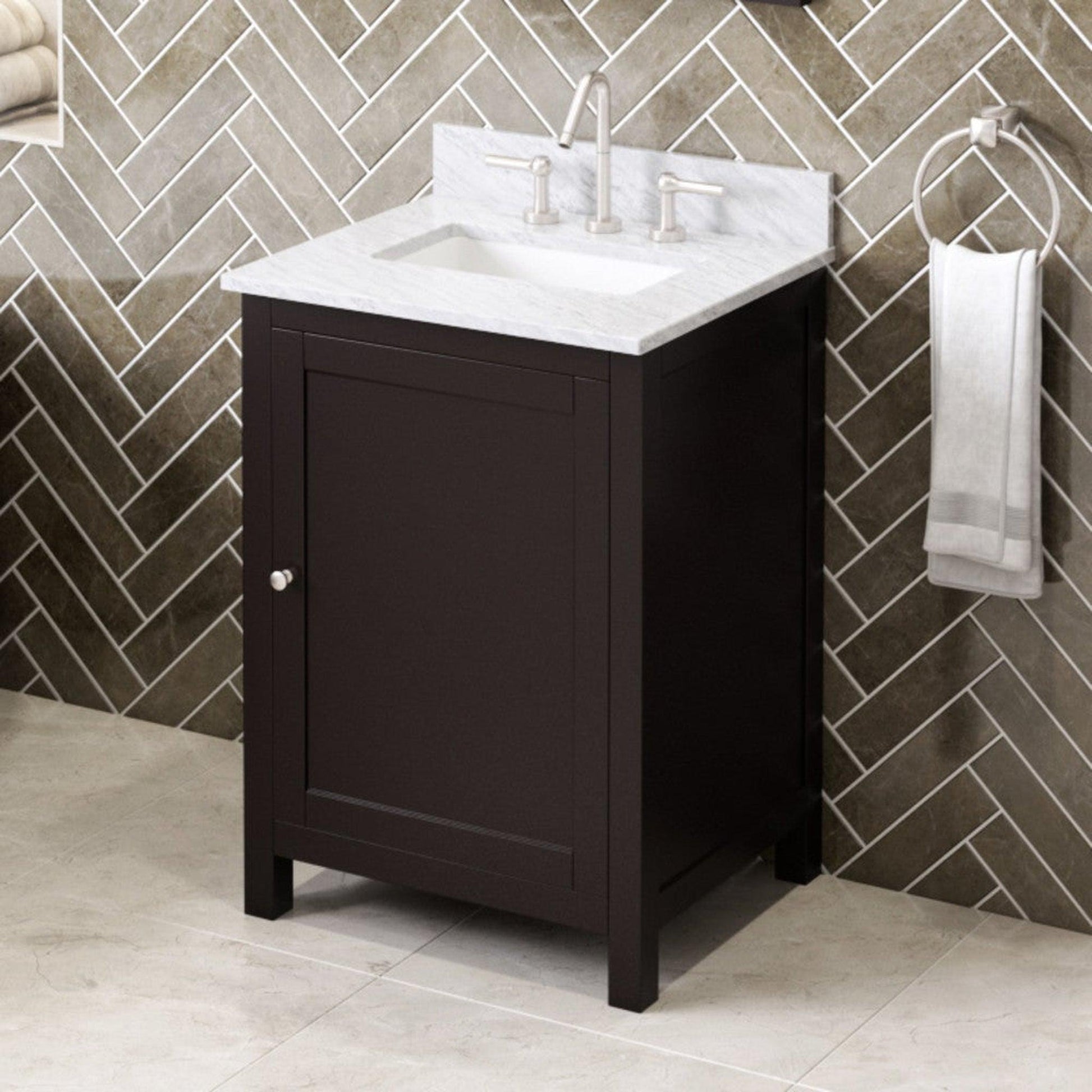 Hardware Resources Jeffrey Alexander Astoria 24" Espresso Freestanding Vanity With White Carrara Marble Vanity Top, Backsplash and Rectangle Undermount Sink