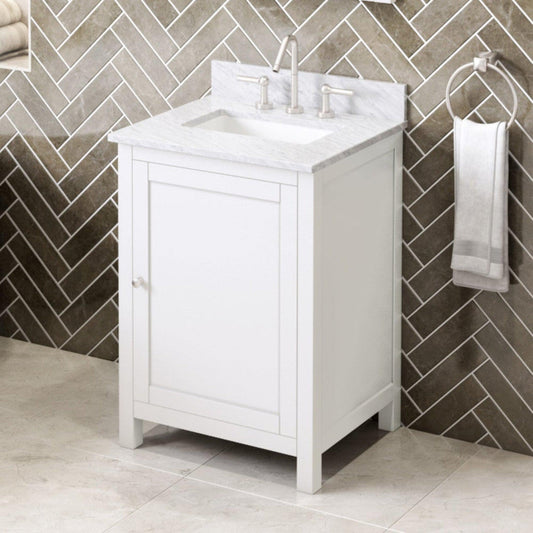 Hardware Resources Jeffrey Alexander Astoria 24" White Freestanding Vanity With White Carrara Marble Vanity Top, Backsplash and Rectangle Undermount Sink