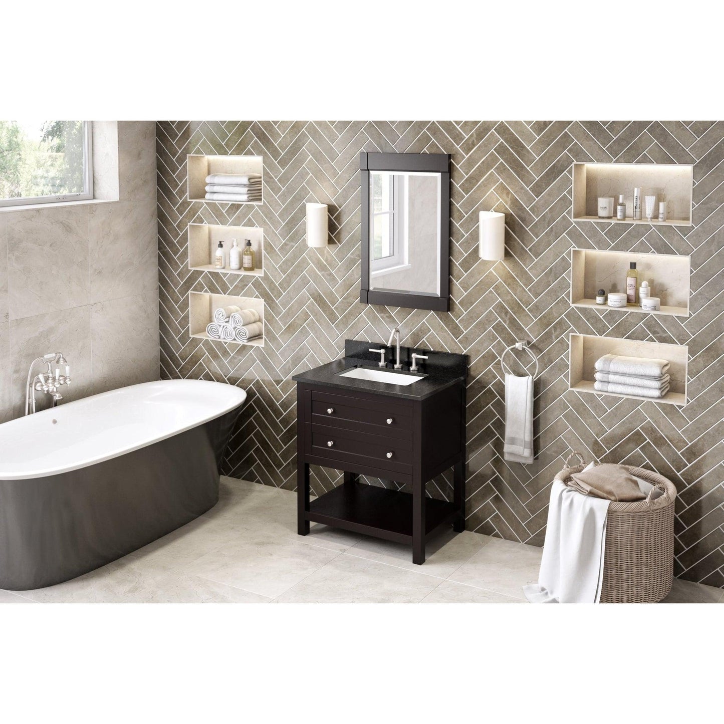 Hardware Resources Jeffrey Alexander Astoria 30" Espresso Freestanding Vanity With Black Granite Vanity Top, Backsplash and Rectangle Undermount Sink