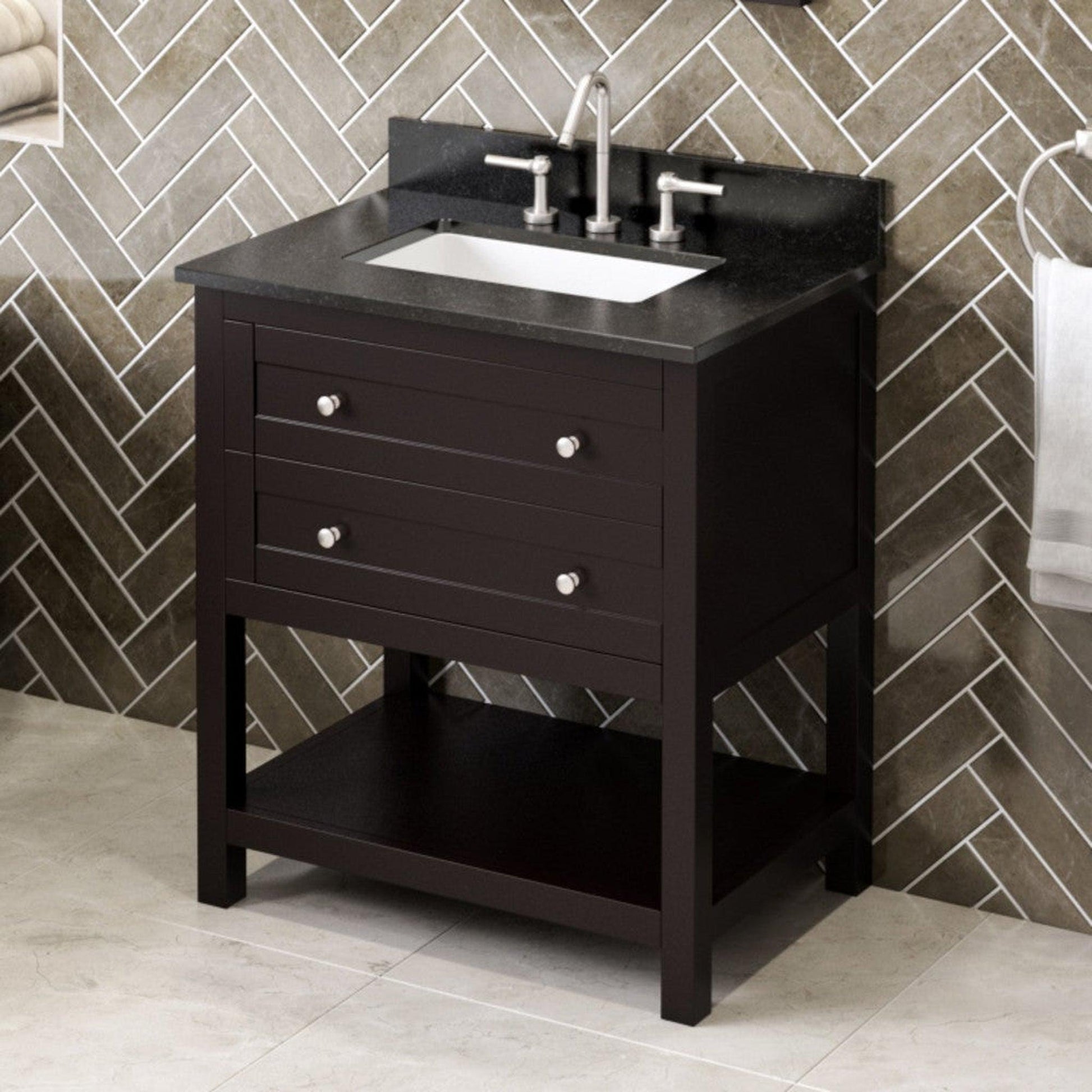 Hardware Resources Jeffrey Alexander Astoria 30" Espresso Freestanding Vanity With Black Granite Vanity Top, Backsplash and Rectangle Undermount Sink