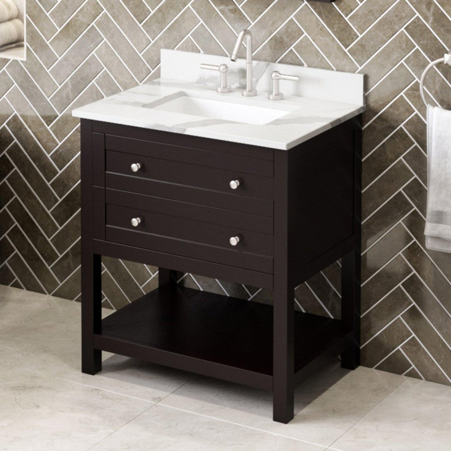 Hardware Resources Jeffrey Alexander Astoria 30" Espresso Freestanding Vanity With Calacatta Vienna Quartz Vanity Top, Backsplash and Rectangle Undermount Sink