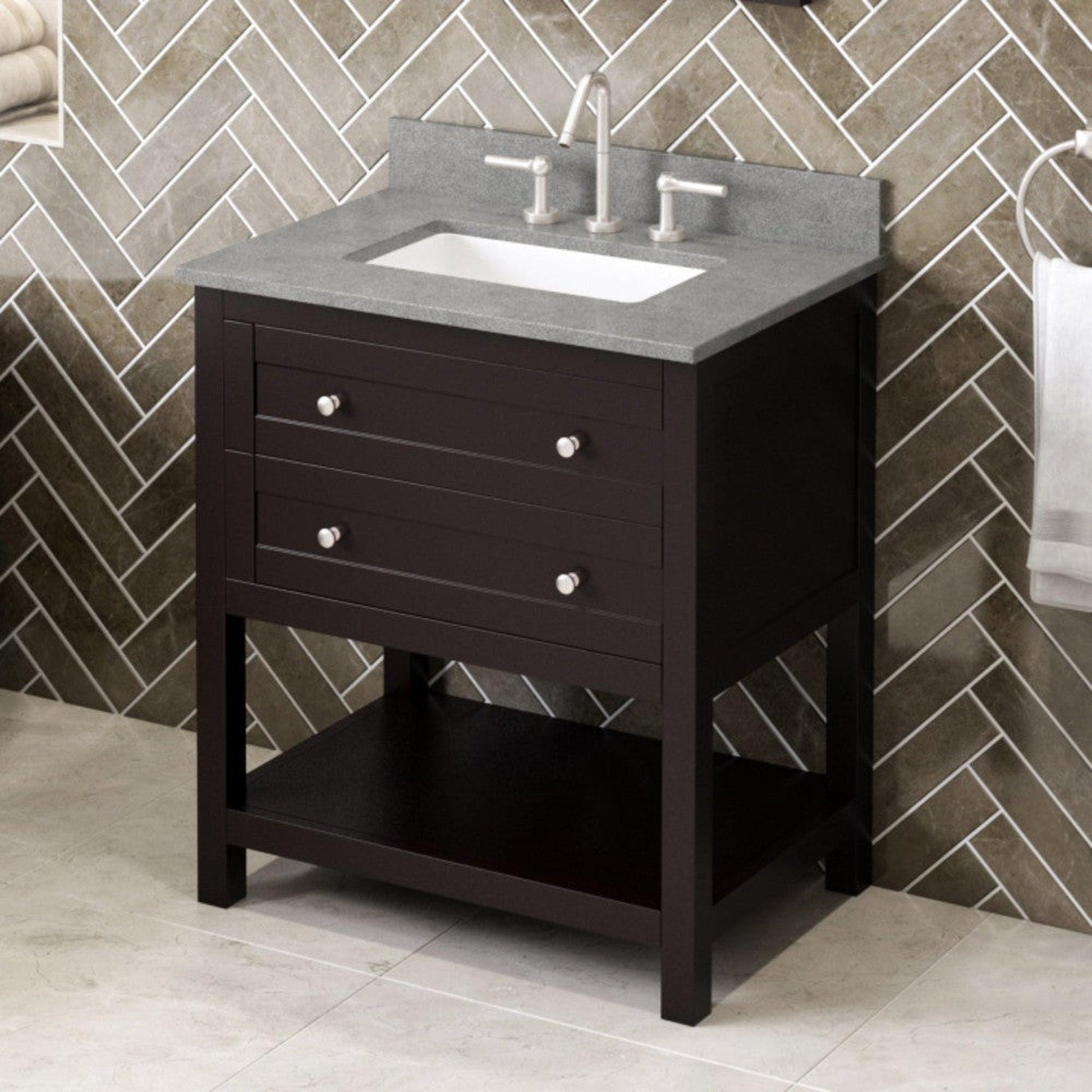 Hardware Resources Jeffrey Alexander Astoria 30" Espresso Freestanding Vanity With Steel Gray Cultured Marble Vanity Top, Backsplash and Rectangle Undermount Sink