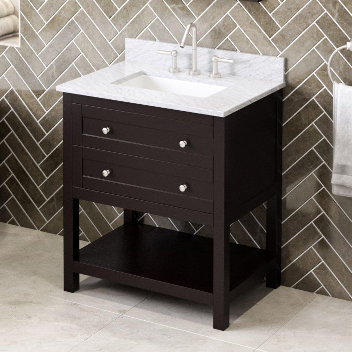 Hardware Resources Jeffrey Alexander Astoria 30" Espresso Freestanding Vanity With White Carrara Marble Vanity Top, Backsplash and Rectangle Undermount Sink