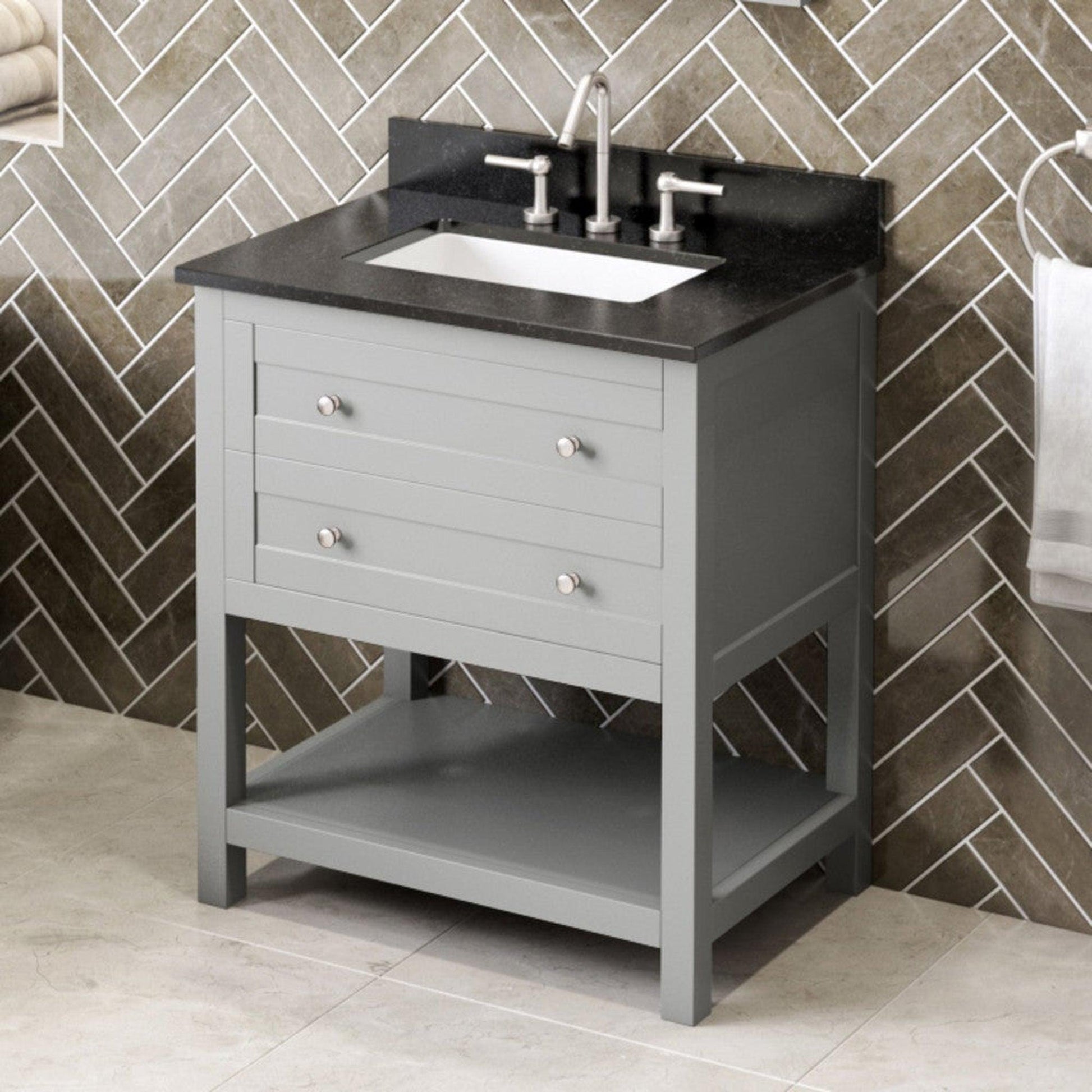 Hardware Resources Jeffrey Alexander Astoria 30" Gray Freestanding Vanity With Black Granite Vanity Top, Backsplash and Rectangle Undermount Sink