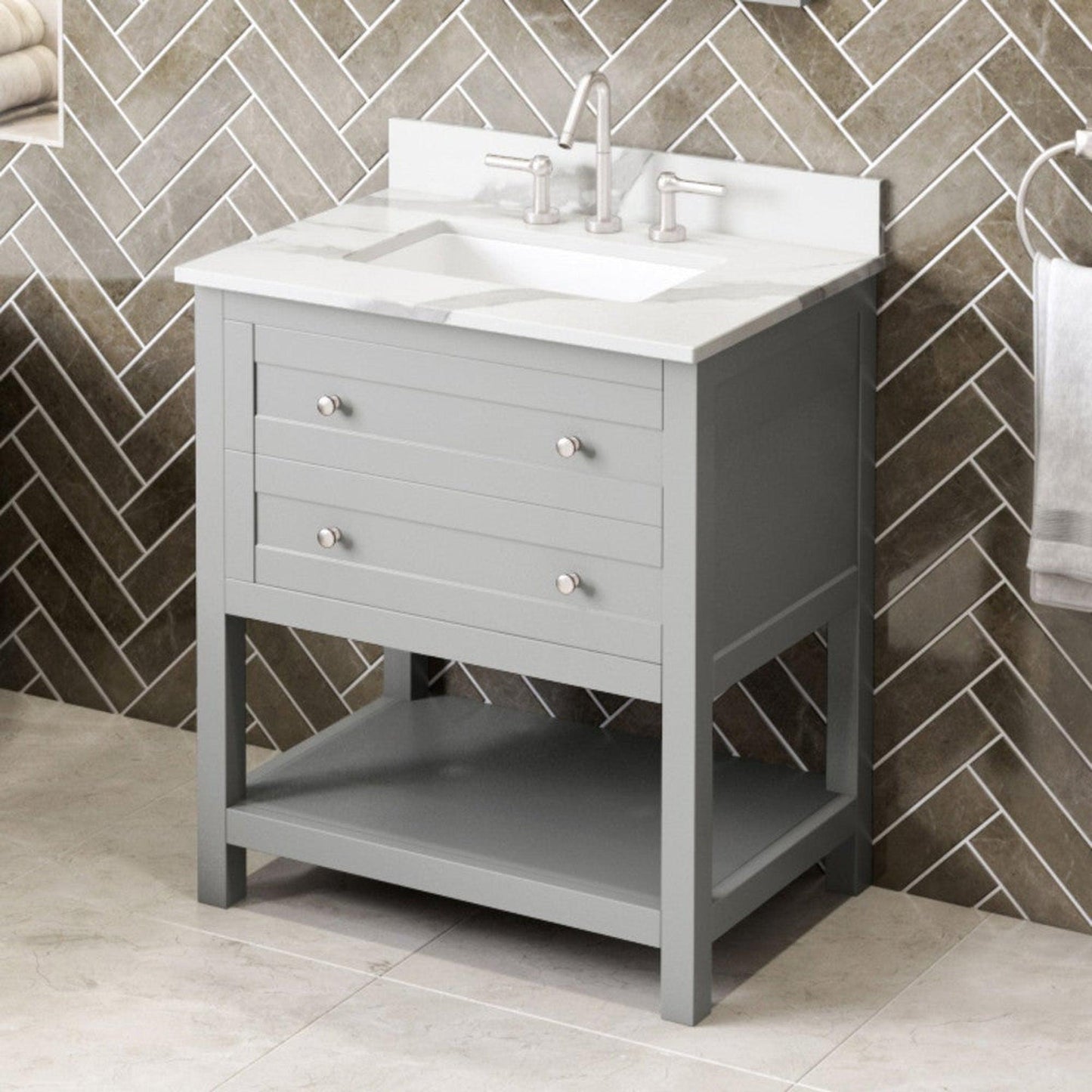 Hardware Resources Jeffrey Alexander Astoria 30" Gray Freestanding Vanity With Calacatta Vienna Quartz Vanity Top, Backsplash and Rectangle Undermount Sink