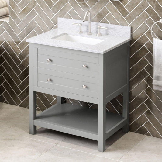 Hardware Resources Jeffrey Alexander Astoria 30" Gray Freestanding Vanity With White Carrara Marble Vanity Top, Backsplash and Rectangle Undermount Sink