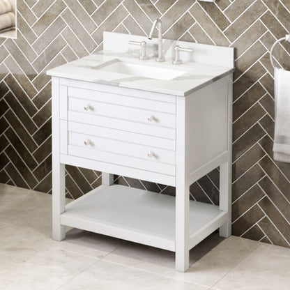 Hardware Resources Jeffrey Alexander Astoria 30" White Freestanding Vanity With Calacatta Vienna Quartz Vanity Top, Backsplash and Rectangle Undermount Sink