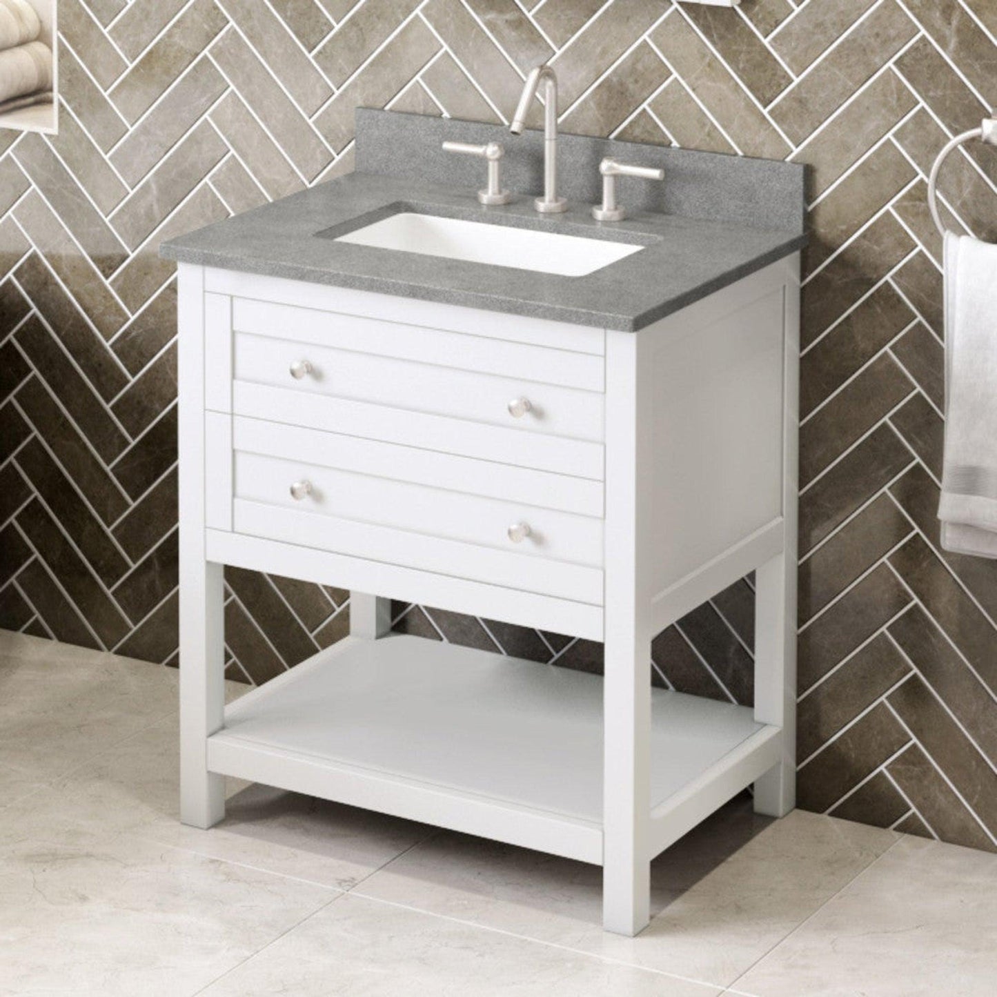 Hardware Resources Jeffrey Alexander Astoria 30" White Freestanding Vanity With Steel Gray Cultured Marble Vanity Top, Backsplash and Rectangle Undermount Sink