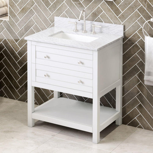 Hardware Resources Jeffrey Alexander Astoria 30" White Freestanding Vanity With White Carrara Marble Vanity Top, Backsplash and Rectangle Undermount Sink