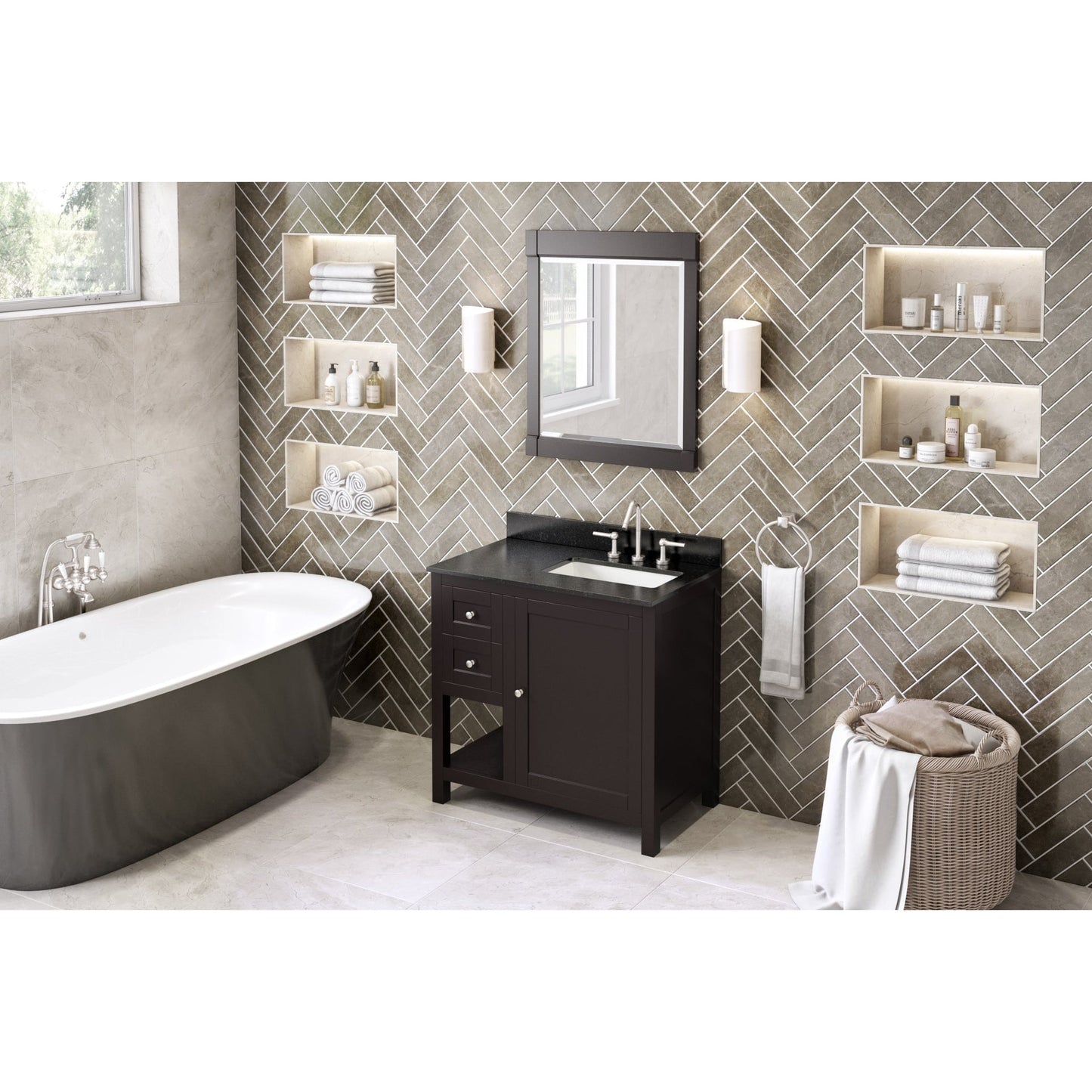 Hardware Resources Jeffrey Alexander Astoria 36" Espresso Freestanding Vanity With Right Offset, Black Granite Vanity Top, Backsplash and Rectangle Undermount Sink