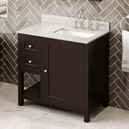 Hardware Resources Jeffrey Alexander Astoria 36" Espresso Freestanding Vanity With Right Offset, Black Granite Vanity Top, Backsplash and Rectangle Undermount Sink