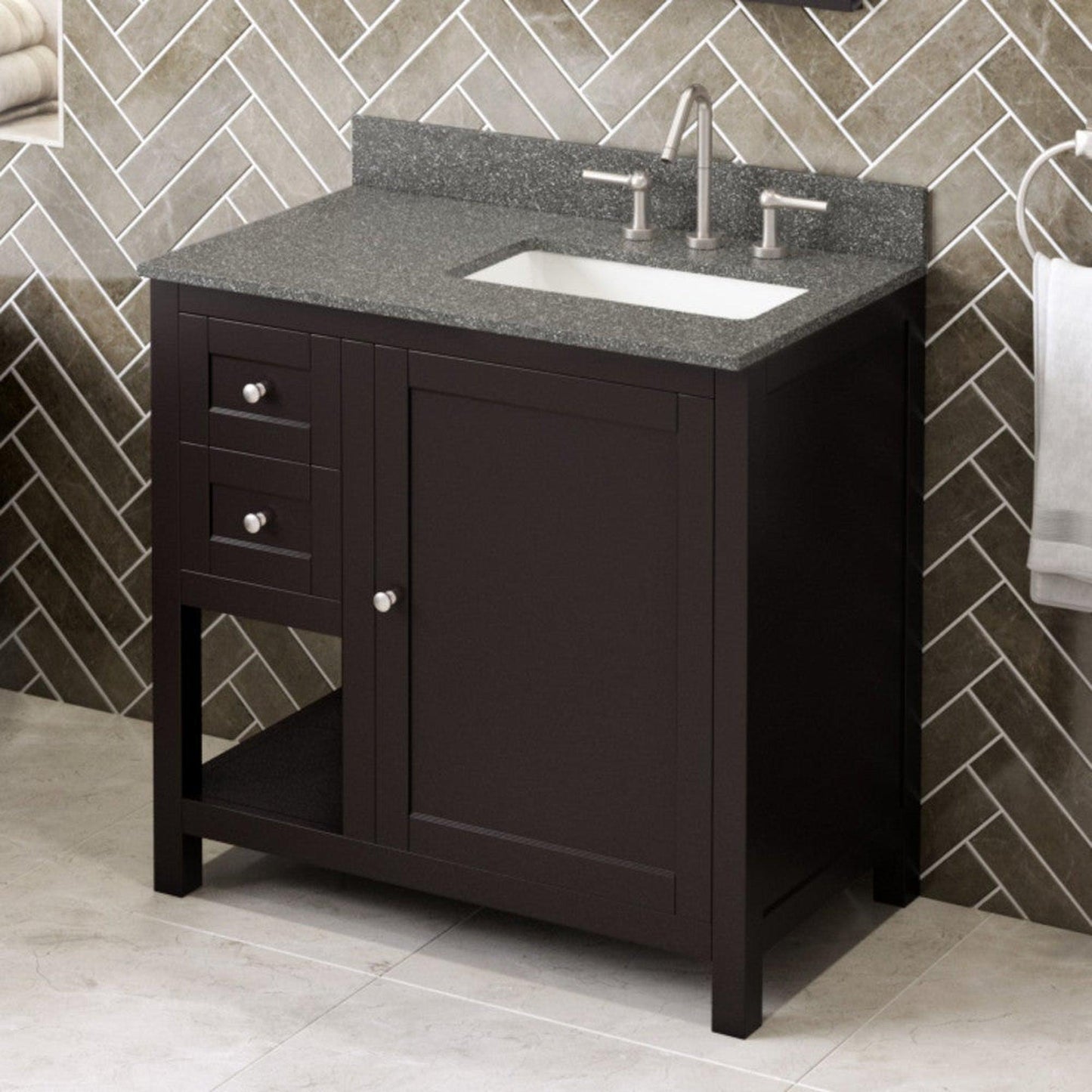 Hardware Resources Jeffrey Alexander Astoria 36" Espresso Freestanding Vanity With Right Offset, Boulder Cultured Marble Vanity Top, Backsplash and Rectangle Undermount Sink