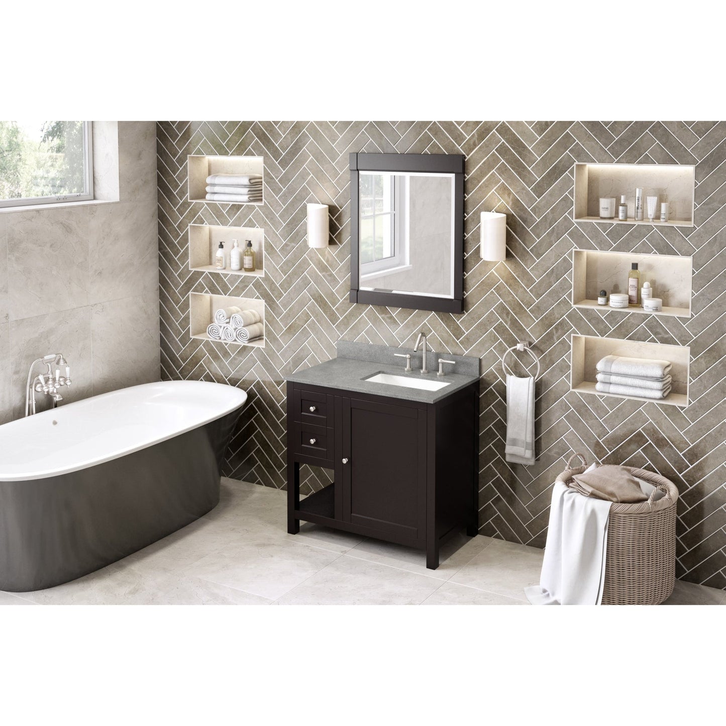 Hardware Resources Jeffrey Alexander Astoria 36" Espresso Freestanding Vanity With Right Offset, Steel Gray Cultured Marble Vanity Top, Backsplash and Rectangle Undermount Sink