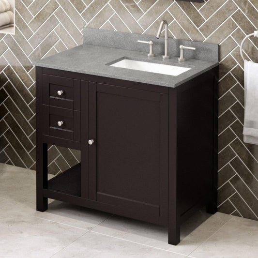 Hardware Resources Jeffrey Alexander Astoria 36" Espresso Freestanding Vanity With Right Offset, Steel Gray Cultured Marble Vanity Top, Backsplash and Rectangle Undermount Sink