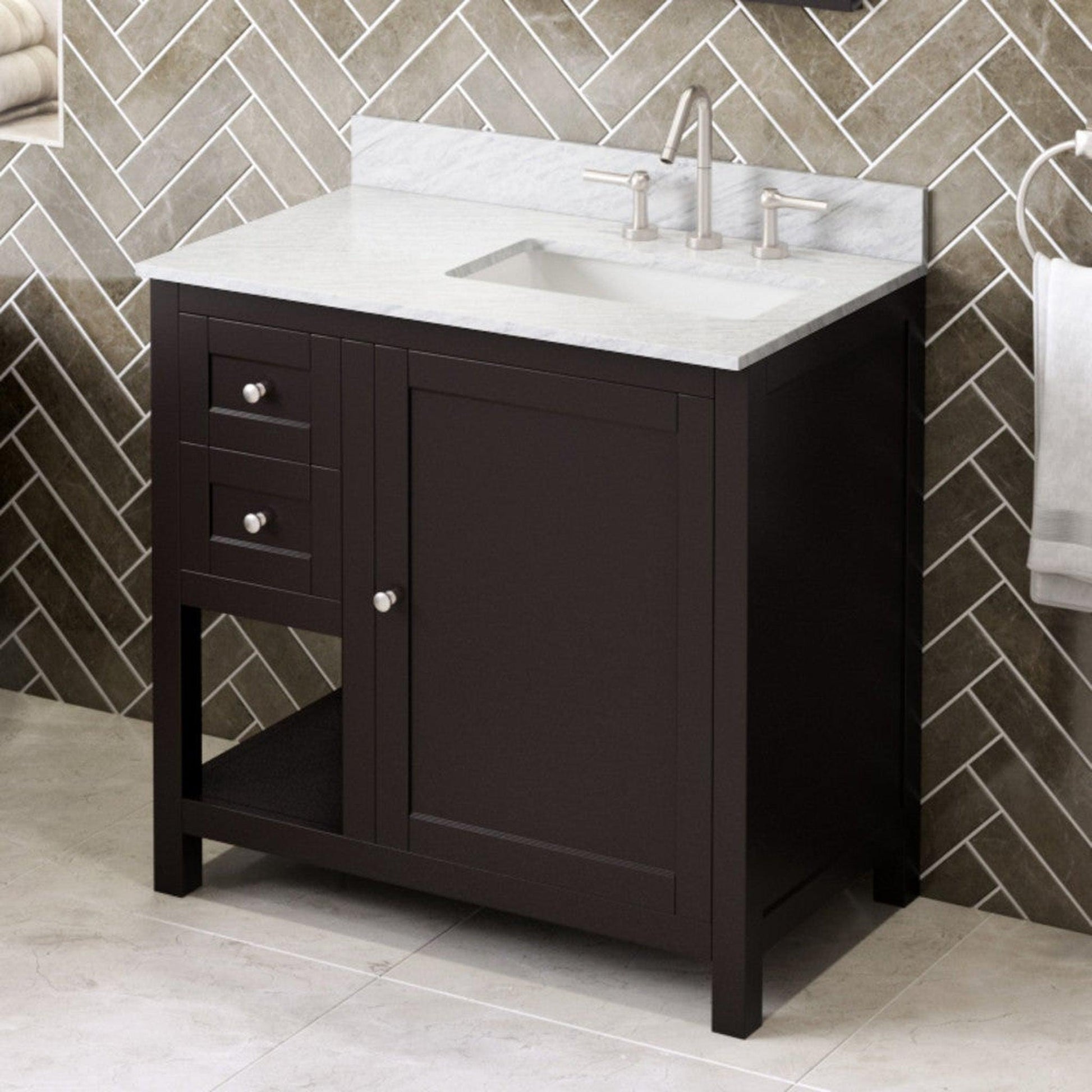 Hardware Resources Jeffrey Alexander Astoria 36" Espresso Freestanding Vanity With Right Offset, White Carrara Marble Vanity Top, Backsplash and Rectangle Undermount Sink