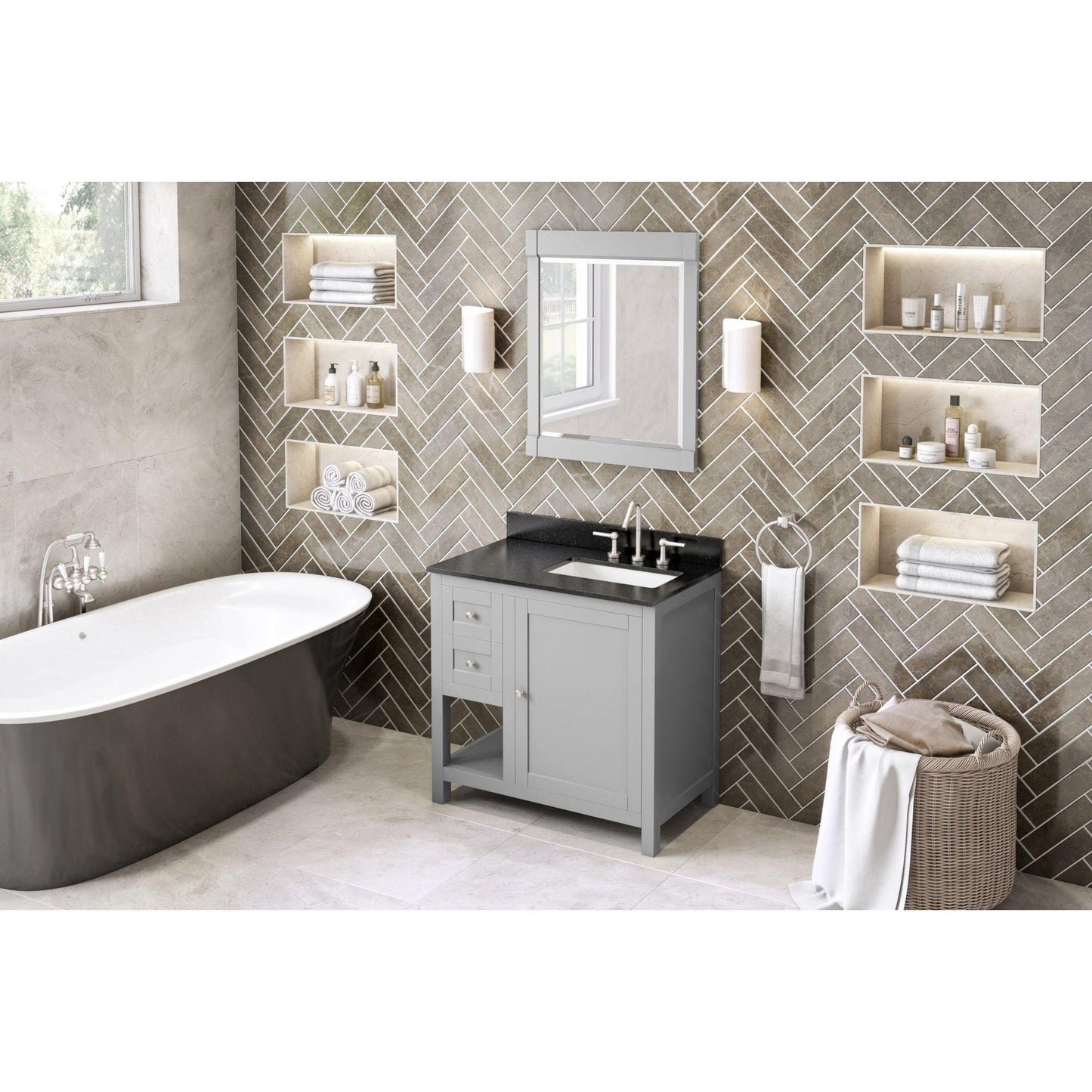 Hardware Resources Jeffrey Alexander Astoria 36" Gray Freestanding Vanity With Right Offset, Black Granite Vanity Top, Backsplash and Rectangle Undermount Sink