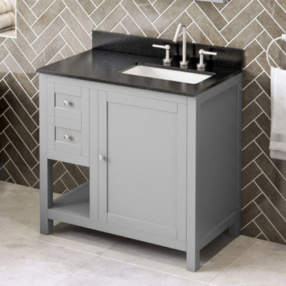 Hardware Resources Jeffrey Alexander Astoria 36" Gray Freestanding Vanity With Right Offset, Black Granite Vanity Top, Backsplash and Rectangle Undermount Sink