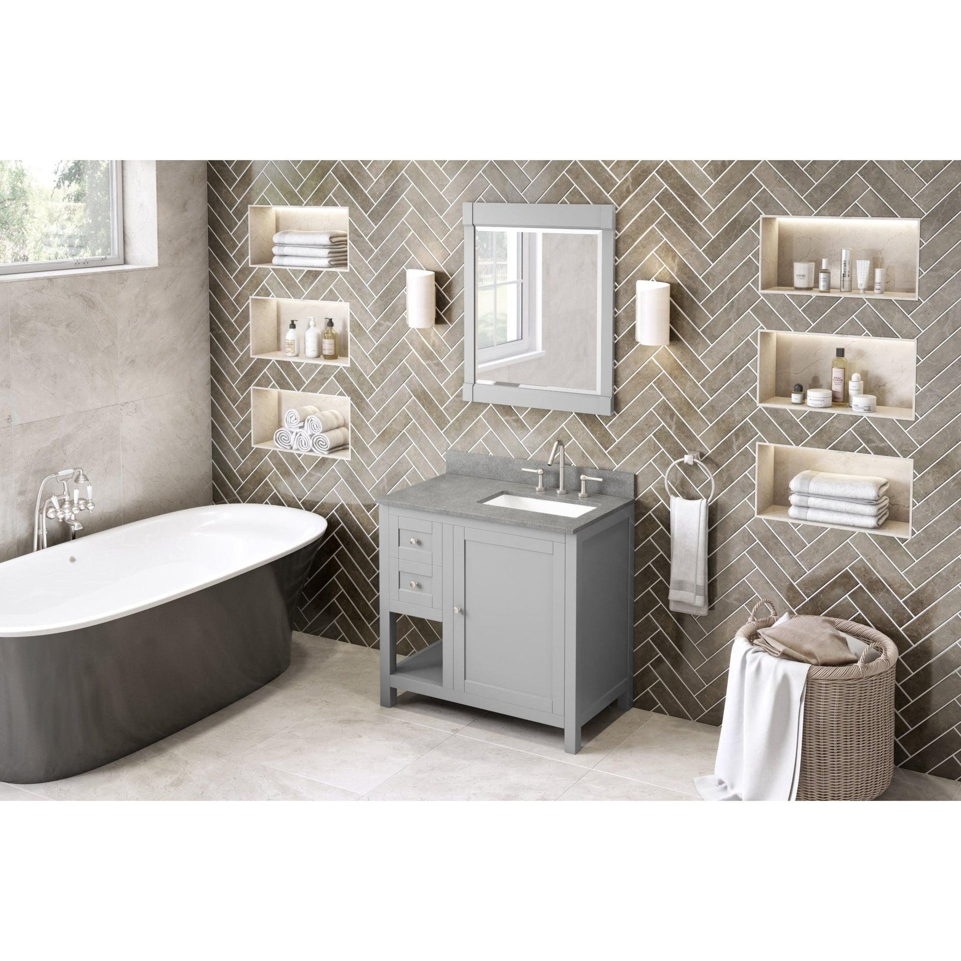 Hardware Resources Jeffrey Alexander Astoria 36" Gray Freestanding Vanity With Right Offset, Steel Gray Cultured Marble Vanity Top, Backsplash and Rectangle Undermount Sink