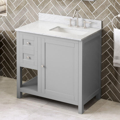 Hardware Resources Jeffrey Alexander Astoria 36" Gray Freestanding Vanity With Right Offset, White Carrara Marble Vanity Top, Backsplash and Rectangle Undermount Sink