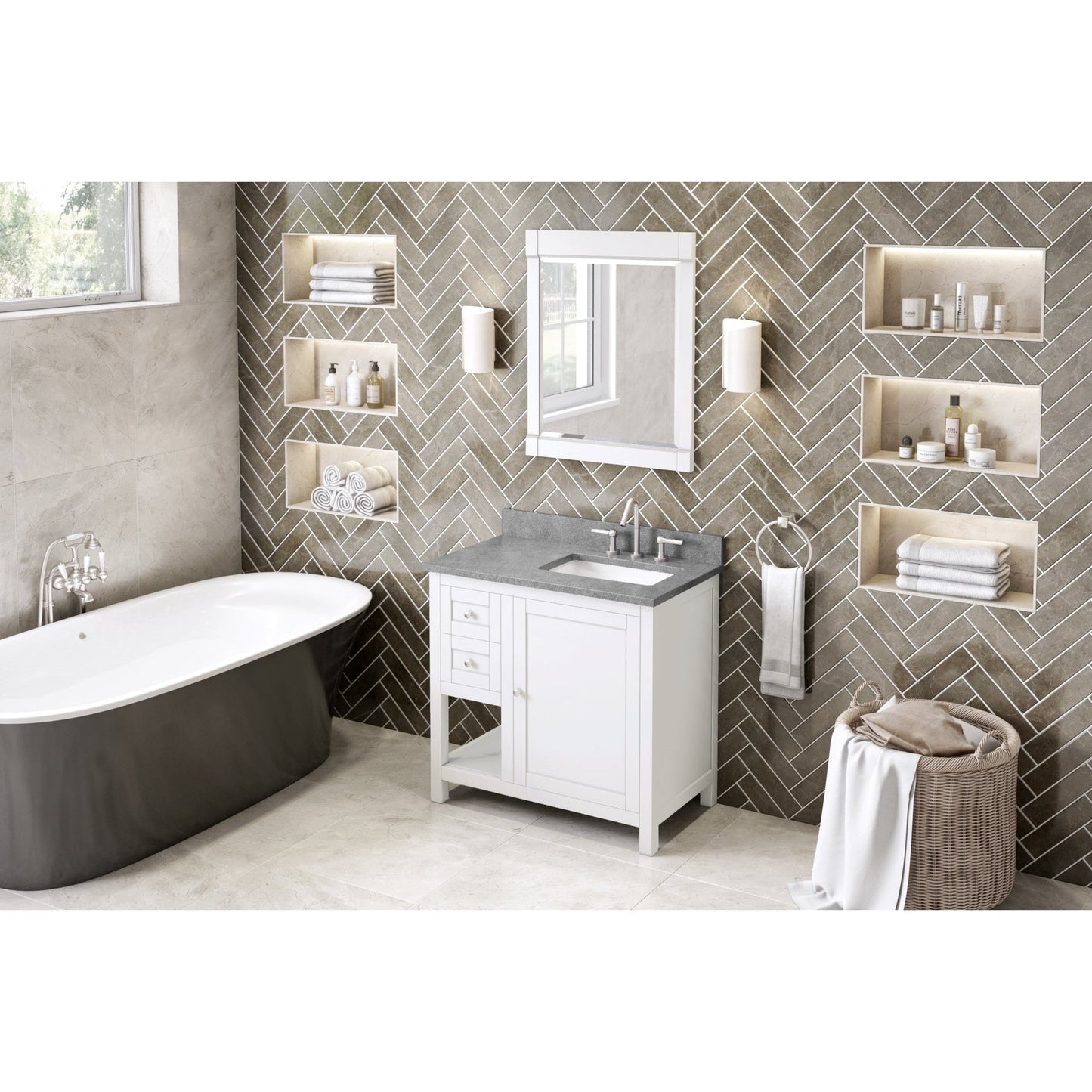 Hardware Resources Jeffrey Alexander Astoria 36" White Freestanding Vanity With Right Offset, Steel Gray Cultured Marble Vanity Top, Backsplash and Rectangle Undermount Sink