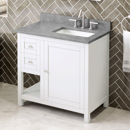 Hardware Resources Jeffrey Alexander Astoria 36" White Freestanding Vanity With Right Offset, Steel Gray Cultured Marble Vanity Top, Backsplash and Rectangle Undermount Sink