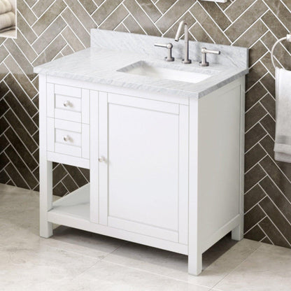 Hardware Resources Jeffrey Alexander Astoria 36" White Freestanding Vanity With Right Offset, White Carrara Marble Vanity Top, Backsplash and Rectangle Undermount Sink