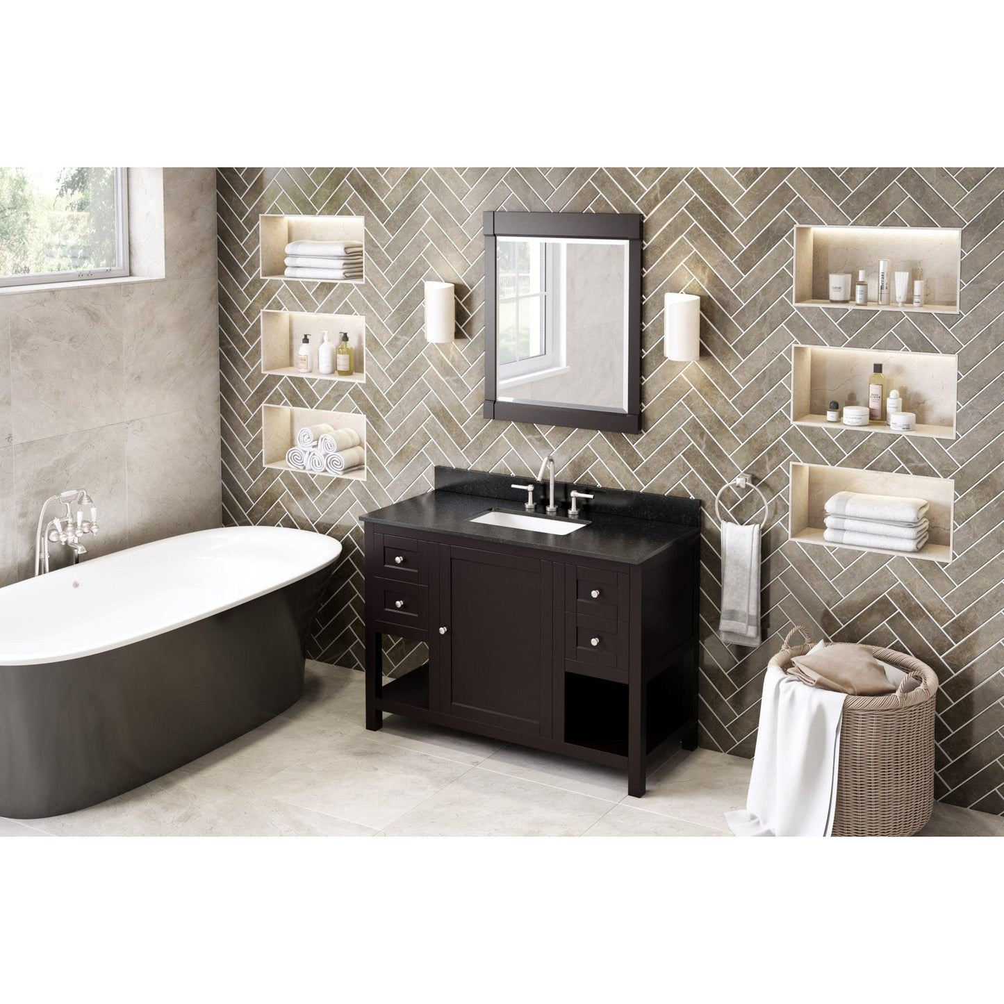 Hardware Resources Jeffrey Alexander Astoria 48" Espresso Freestanding Vanity With Black Granite Vanity Top, Backsplash and Rectangle Undermount Sink