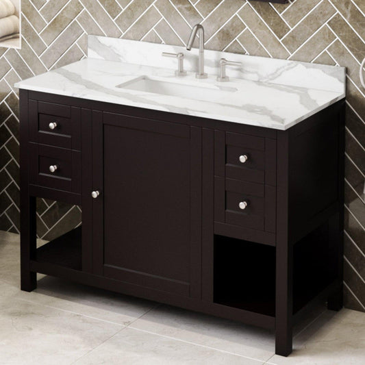 Hardware Resources Jeffrey Alexander Astoria 48" Espresso Freestanding Vanity With Calacatta Vienna Quartz Vanity Top, Backsplash and Rectangle Undermount Sink