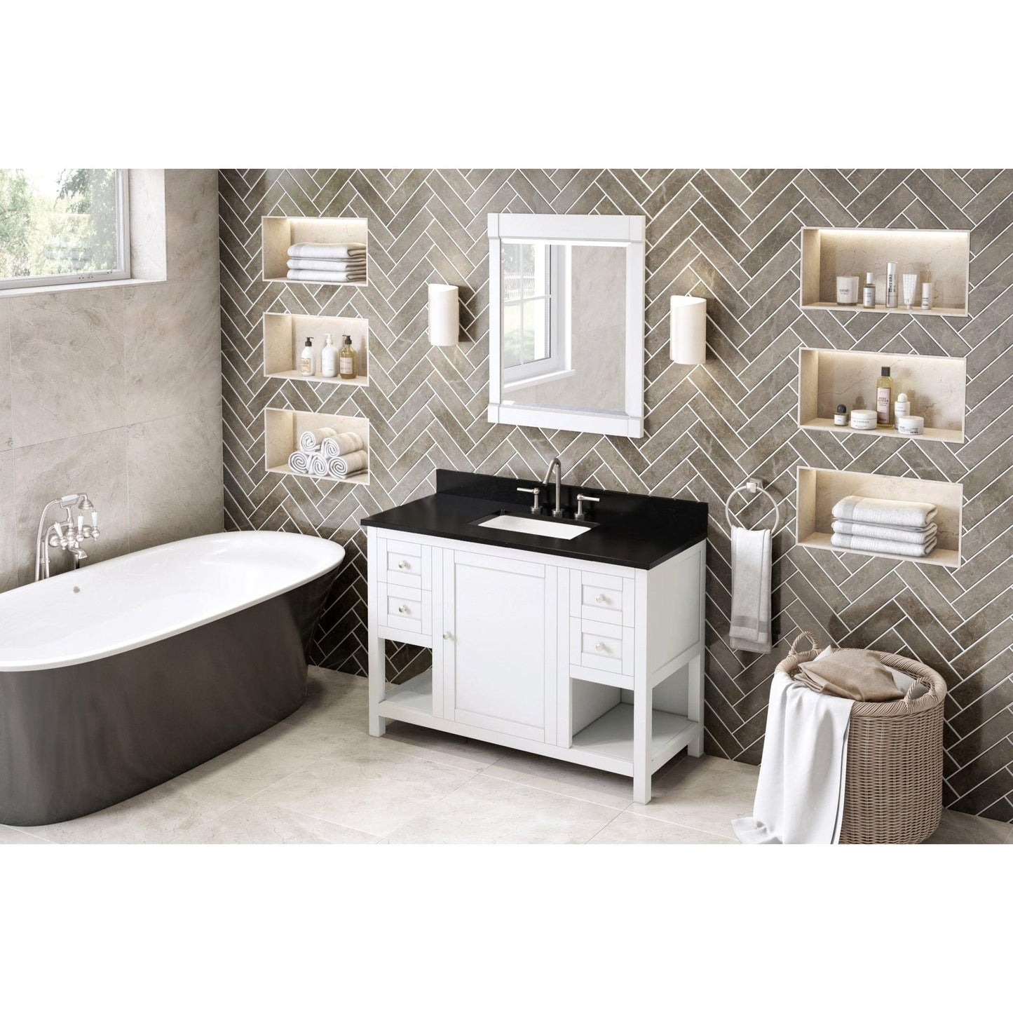 Hardware Resources Jeffrey Alexander Astoria 48" White Freestanding Vanity With Black Granite Vanity Top, Backsplash and Rectangle Undermount Sink