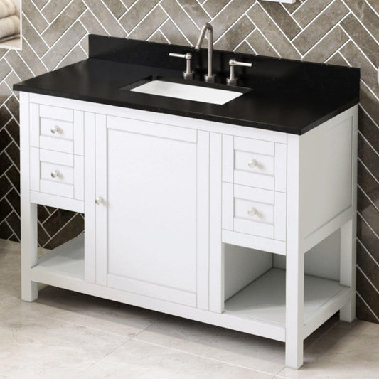 Hardware Resources Jeffrey Alexander Astoria 48" White Freestanding Vanity With Black Granite Vanity Top, Backsplash and Rectangle Undermount Sink