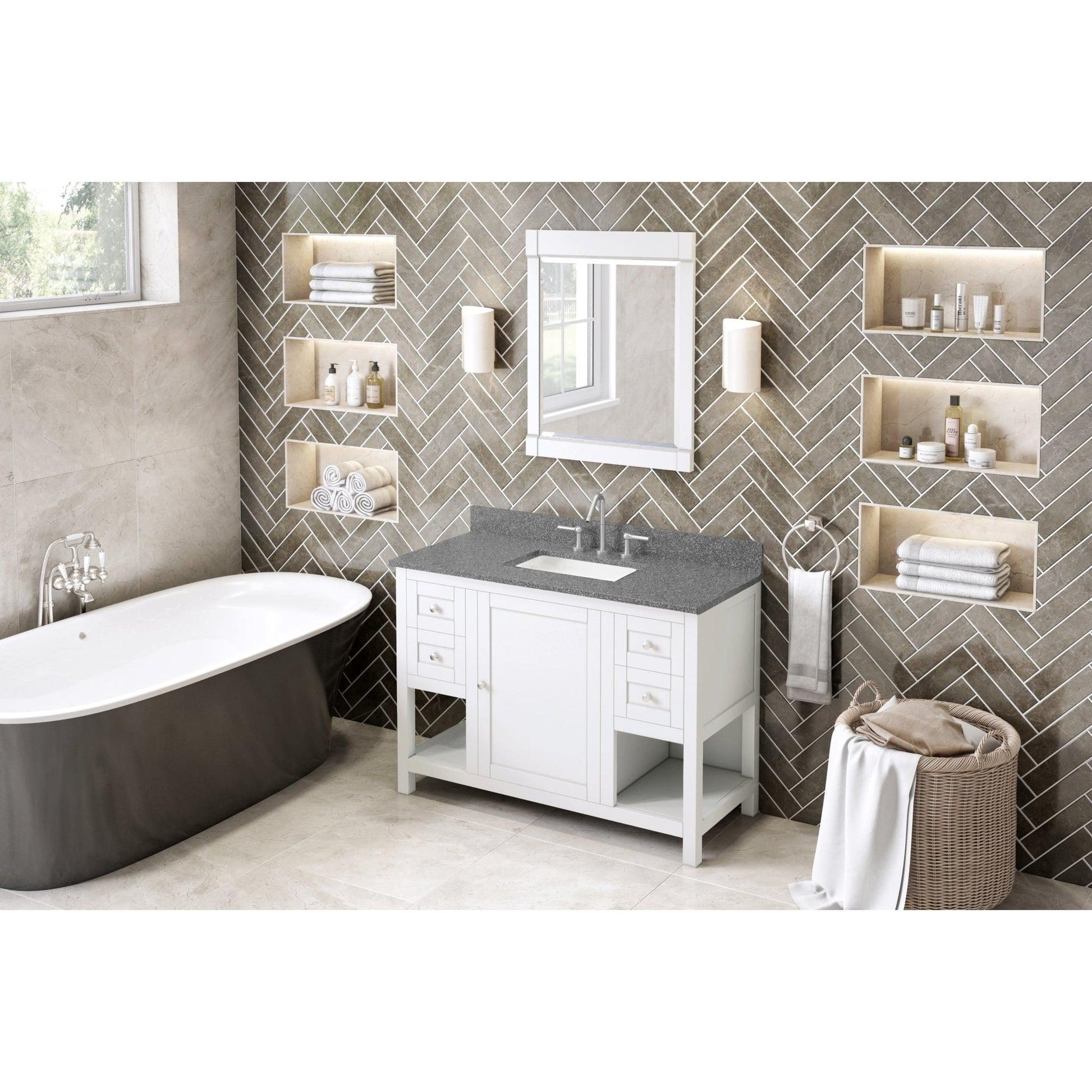 Hardware Resources Jeffrey Alexander Astoria 48" White Freestanding Vanity With Boulder Cultured Marble Vanity Top, Backsplash and Rectangle Undermount Sink