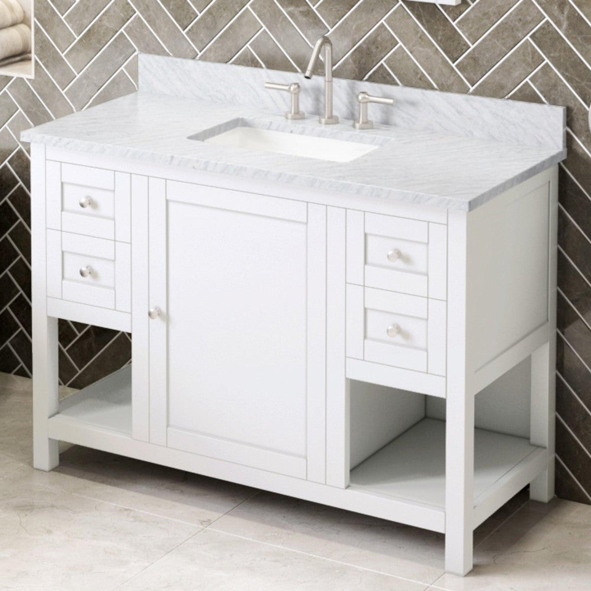 Hardware Resources Jeffrey Alexander Astoria 48" White Freestanding Vanity With White Carrara Marble Vanity Top, Backsplash and Rectangle Undermount Sink