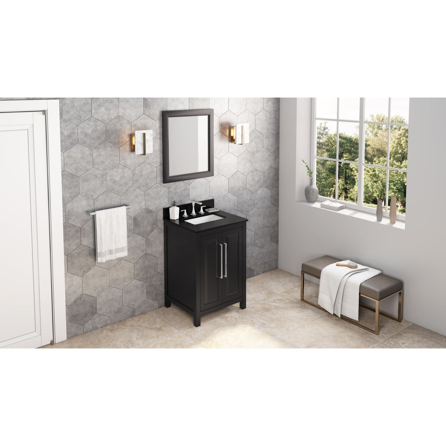 Hardware Resources Jeffrey Alexander Cade 24" Black Freestanding Vanity With Black Granite Vanity Top, Backsplash and Rectangle Undermount Sink