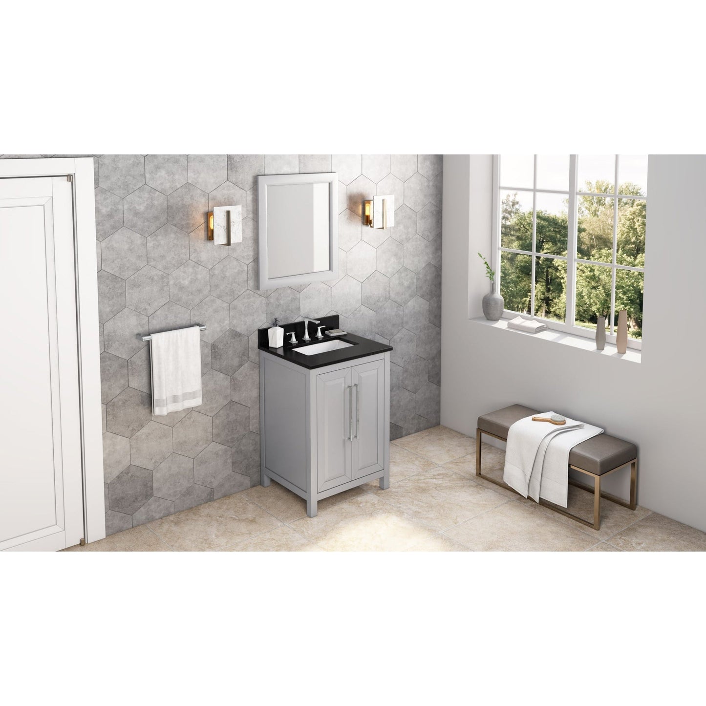 Hardware Resources Jeffrey Alexander Cade 24" Gray Freestanding Vanity With Black Granite Vanity Top, Backsplash and Rectangle Undermount Sink