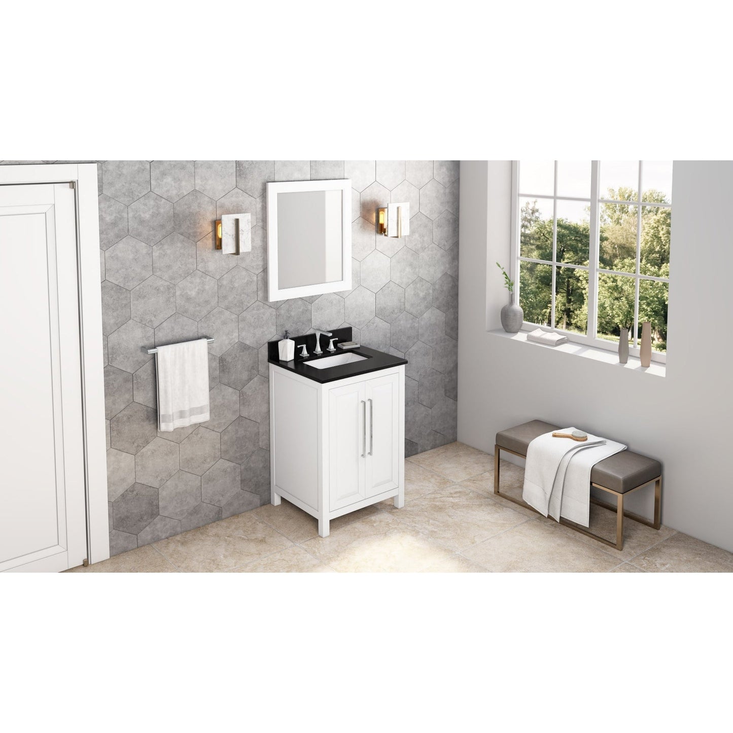 Hardware Resources Jeffrey Alexander Cade 24" White Freestanding Vanity With Black Granite Vanity Top, Backsplash and Rectangle Undermount Sink