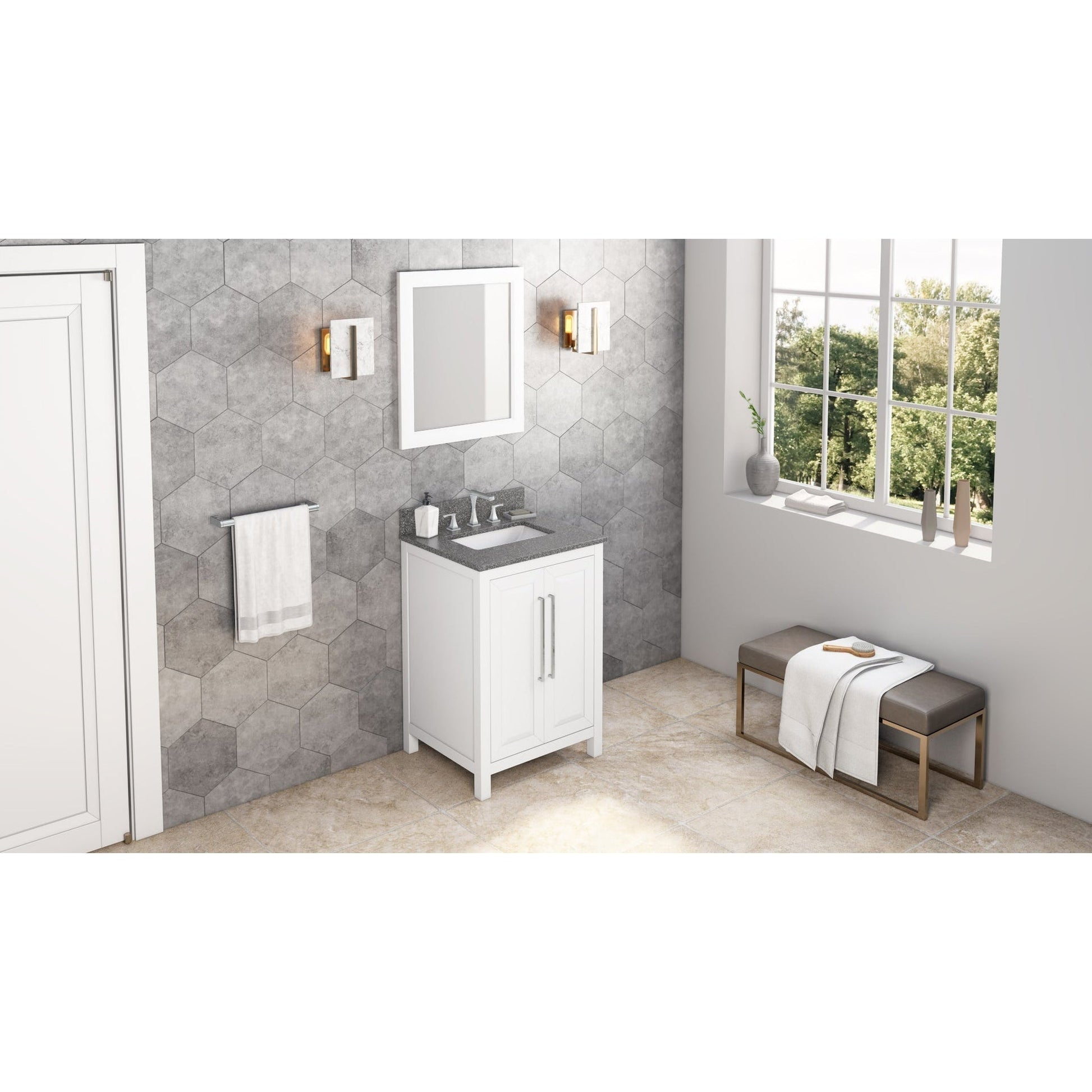 Hardware Resources Jeffrey Alexander Cade 24" White Freestanding Vanity With Boulder Cultured Marble Vanity Top, Backsplash and Rectangle Undermount Sink