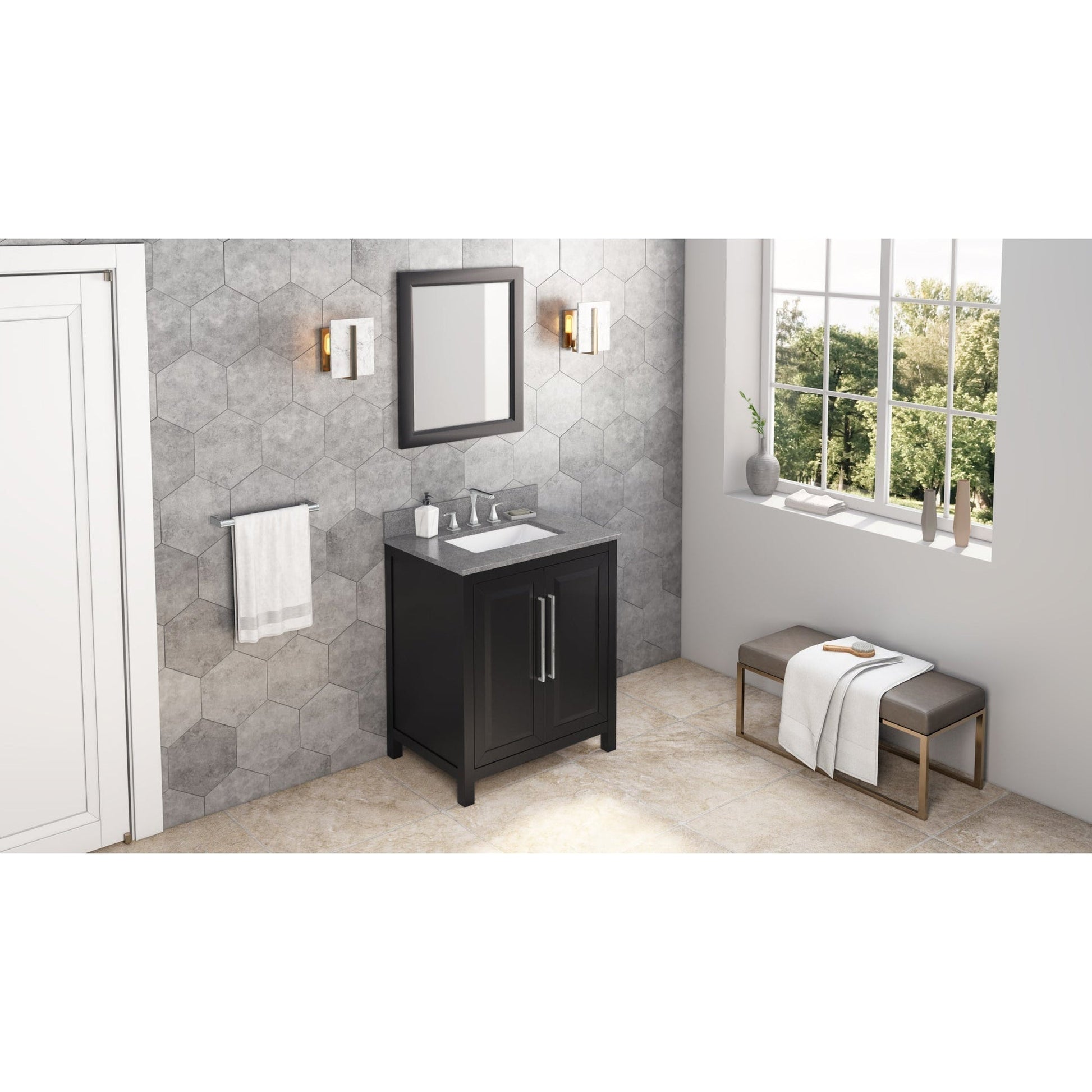 Hardware Resources Jeffrey Alexander Cade 30" Black Freestanding Vanity With Steel Gray Cultured Marble Vanity Top, Backsplash and Rectangle Undermount Sink