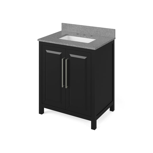 Hardware Resources Jeffrey Alexander Cade 30" Black Freestanding Vanity With Steel Gray Cultured Marble Vanity Top, Backsplash and Rectangle Undermount Sink