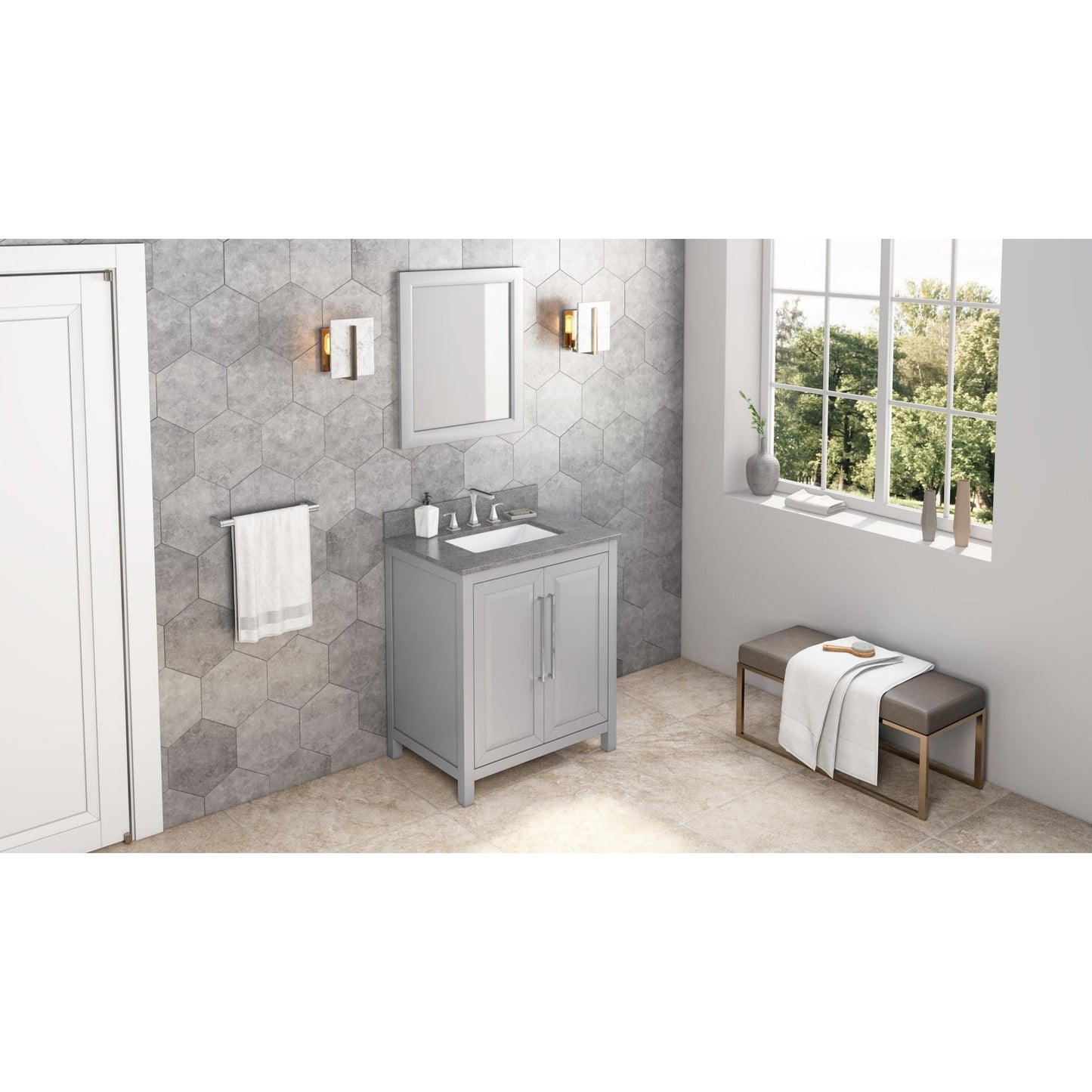 Hardware Resources Jeffrey Alexander Cade 30" Gray Freestanding Vanity With Steel Gray Cultured Marble Vanity Top, Backsplash and Rectangle Undermount Sink