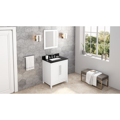 Hardware Resources Jeffrey Alexander Cade 30" White Freestanding Vanity With Black Granite Vanity Top, Backsplash and Rectangle Undermount Sink