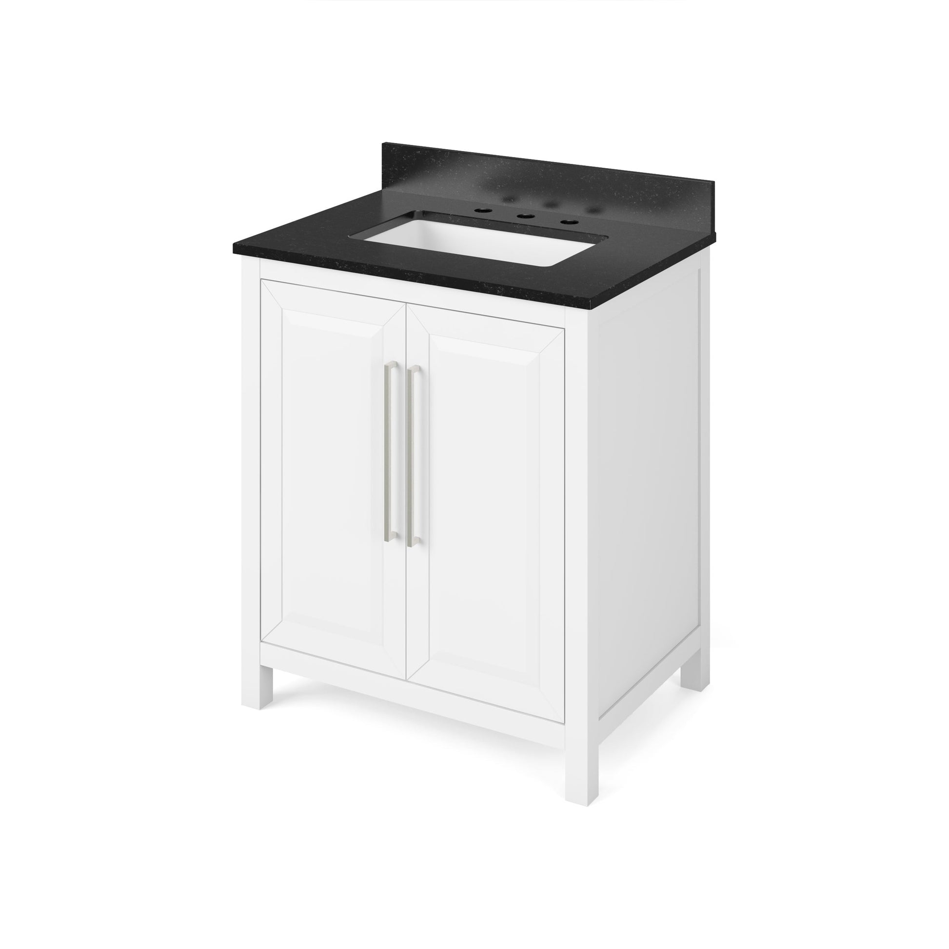 Hardware Resources Jeffrey Alexander Cade 30" White Freestanding Vanity With Black Granite Vanity Top, Backsplash and Rectangle Undermount Sink